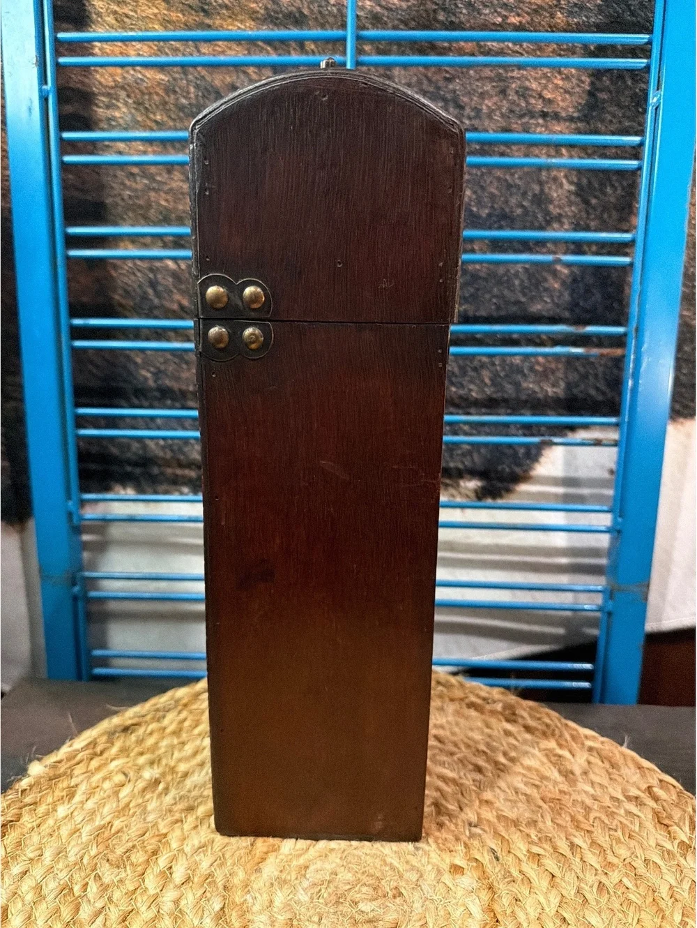 Vintage Wooden and Leather Decorative Box with Metal Handle and Lock